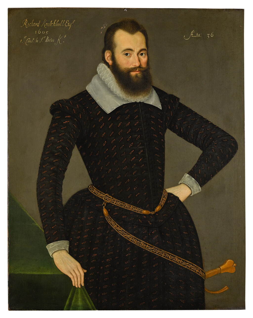 View full screen - View 1 of Lot 106. Portrait of Richard Knatchbull (1569-1605), three-quarter length, in a black embroidered doublet, with a sword, resting his right hand on a table.