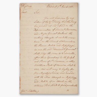 View full screen - View 1 of Lot 107. William Pitt, the Elder | Letter signed, planning an attack on French Louisiana, 1758.