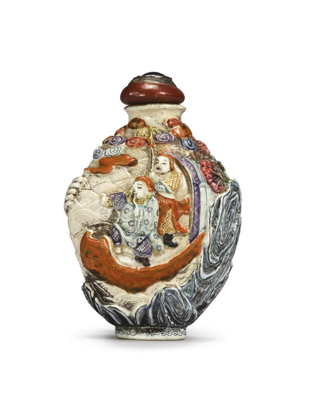 View full screen - View 1 of Lot 66. A molded and enameled porcelain snuff bottle, Qing dynasty, 19th century | 清十九世紀 粉彩浮雕人物圖鼻煙壺.