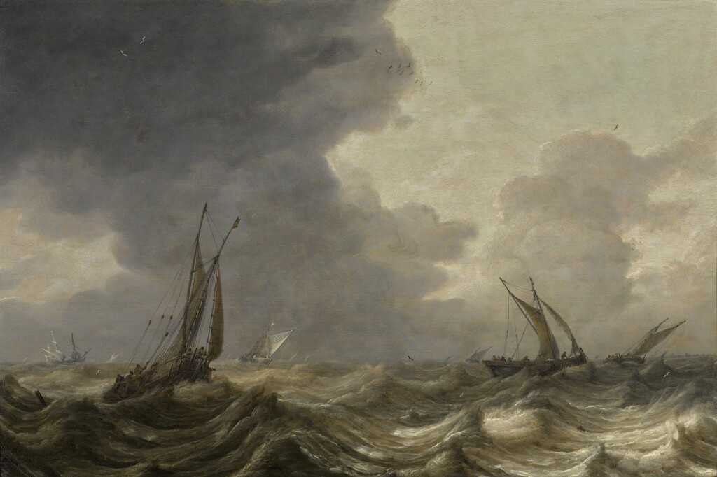 View full screen - View 1 of Lot 42. PIETER MULIER | Fishing boats in a storm.