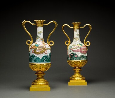 View full screen - View 1 of Lot 90A. A pair of gilt-bronze and porcelain vases, the mounts signed by Thomire & Cie, Paris, circa 1830, the porcelain, Chinese, 18th century.