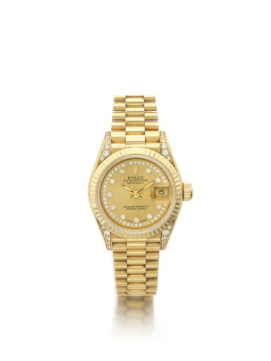 View full screen - View 1 of Lot 95. ROLEX | REF 69158 DATEJUST, A YELLOW GOLD AND DIAMOND SET AUTOMATIC CENTER SECONDS WRISTWATCH WITH DATE AND BRACELET CIRCA 1990.