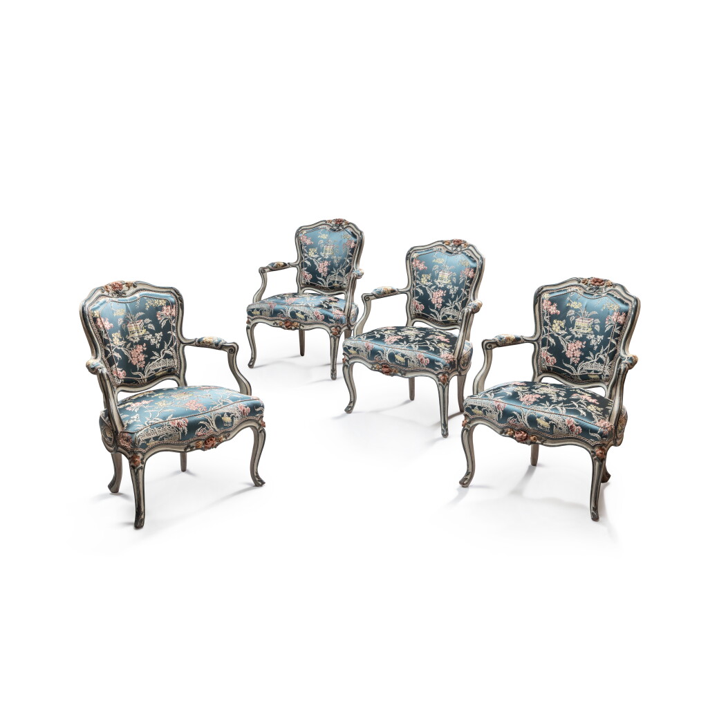 View full screen - View 1 of Lot 294. A set of four Louis XV painted wood fauteuils en cabriolet, circa 1750, stamped by Claude-Louis Burgat.