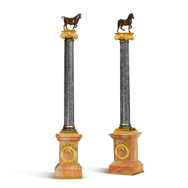 View full screen - View 1 of Lot 10. A pair of Empire style gilt-bronze mounted fossilized grey marble columns, late 19th / early 20th century.