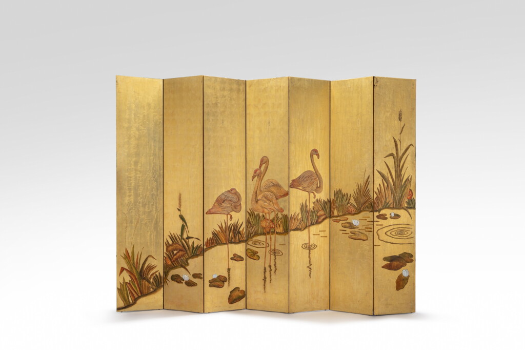 View full screen - View 1 of Lot 64. Flamants roses et nénuphars and Poissons et nénuphars double-sided seven-sheets screen.
