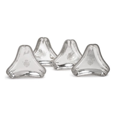 View full screen - View 1 of Lot 251. A SET OF FOUR GEORGE III SILVER TRIANGULAR DESSERT DISHES, PARKER & WAKELIN, LONDON, 1765.