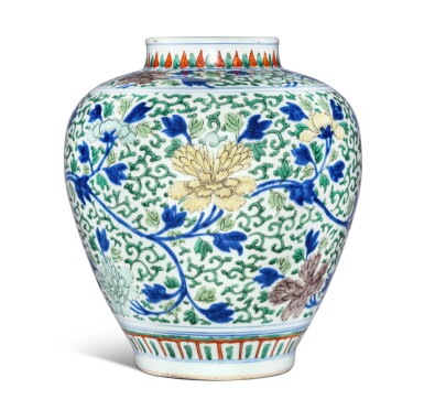 View full screen - View 1 of Lot 576. A wucai 'scrolling peony' ovoid jar, Mark and period of Kangxi | 清康熙 青花五彩牡丹紋罐 《大清康熙年製》款.