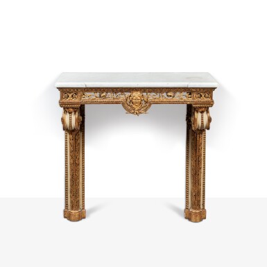 View full screen - View 1 of Lot 225. A Louis XVI lacquer and giltwood console d'applique, circa 1780-1785, in the manner of the Rousseau brothers and Richard Mique.