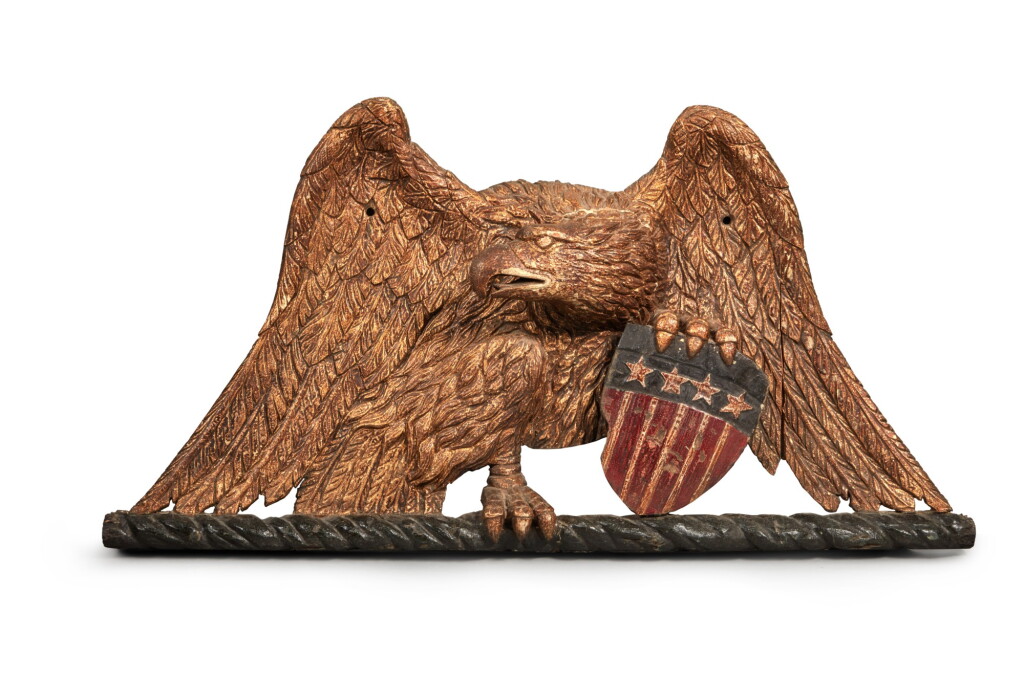 View full screen - View 1 of Lot 1506. Exceptional Carved Parcel-Gilt and Paint-Decorated Pine American Spread-Winged Eagle Wall Plaque, 19th Century.