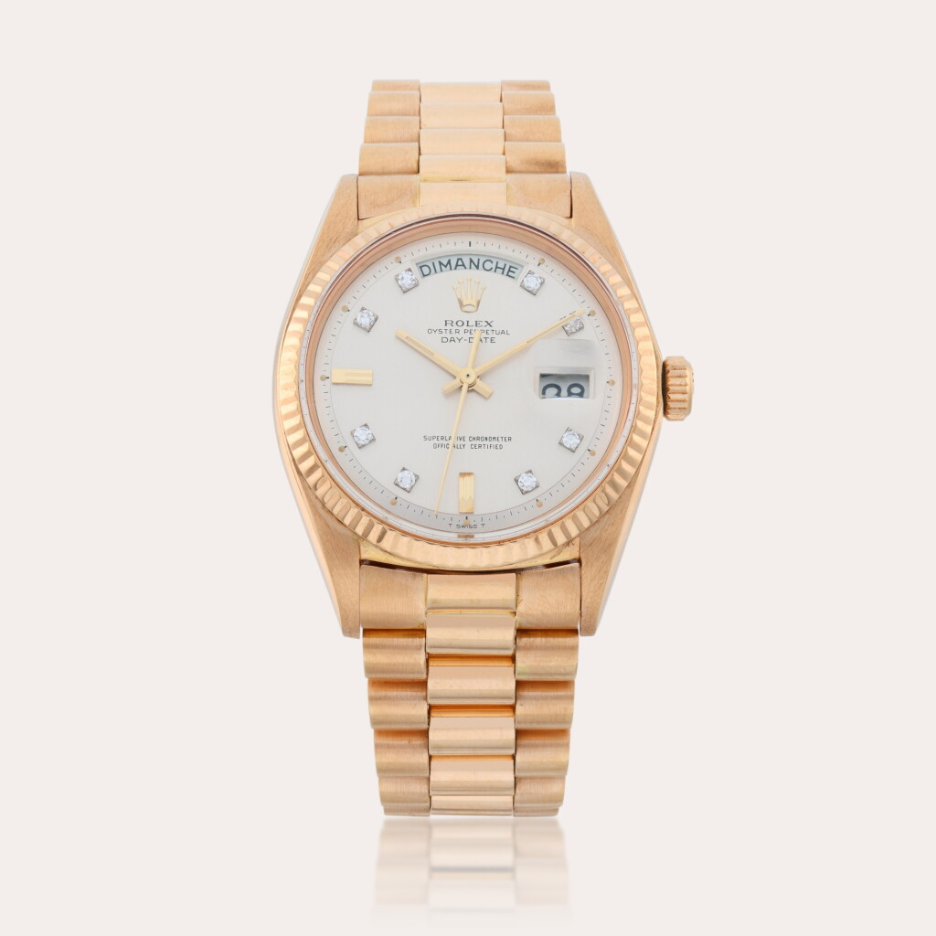 View full screen - View 1 of Lot 246. Day-Date, Reference 1803 | A pink gold wristwatch with day, date and bracelet | Circa 1967.