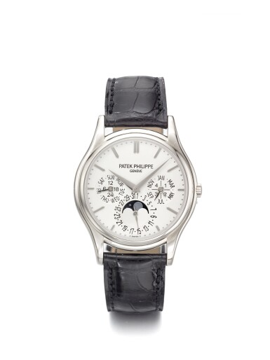 View full screen - View 1 of Lot 12. PATEK PHILIPPE | REF 5140G, A WHITE GOLD PERPETUAL CALENDAR WRISTWATCH WITH MOON PHASES LEAP YEAR AND DAY/NIGHT INDICATION MADE IN 2007.