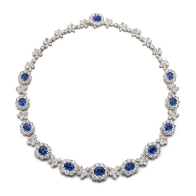View full screen - View 1 of Lot 1838. Sapphire and Diamond Necklace | 天然 「緬甸」未經加熱藍寶石 配 鑽石 項鏈(藍寶石總重約28.54克拉).