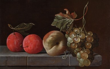 View full screen - View 1 of Lot 490. Still life with Grapes, Two Apricots, and a Peach on a Stone Ledge.