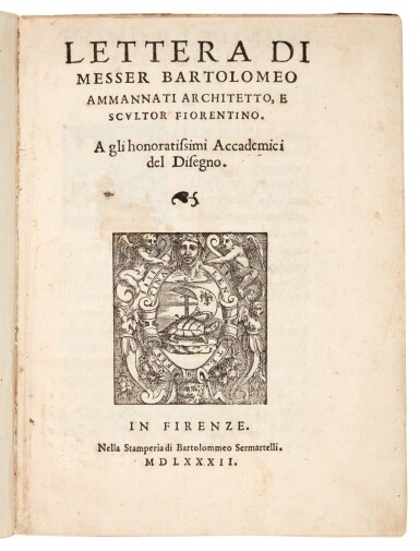 View full screen - View 1 of Lot 448. Ammannati, Lettera a gli accademici del disegno, Florence, 1582, modern carta rustica, Feltrinelli copy.