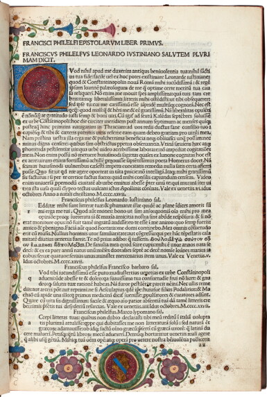 View full screen - View 1 of Lot 290. Philelphus, Epistolae, Venice, 1488, first leaf illuminated, nineteenth-century half calf.