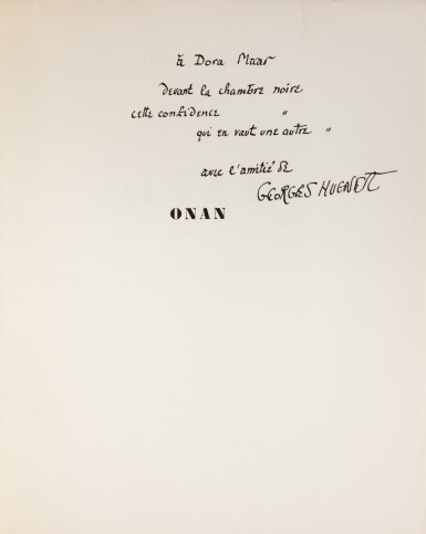 View full screen - View 1 of Lot 135. Onan. 1934. Broché. Exemplaire de Dora Maar, avec envoi. Emboîtage d'Alain Taral..