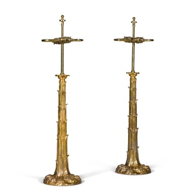 View full screen - View 1 of Lot 93. A pair of George IV style gilt-lacquered brass lamps, 20th century, in the manner of William Collins.