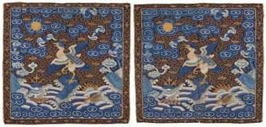 View full screen - View 1 of Lot 637. Two blue-ground silk woven 'mandarin duck' seventh civil rank badges, Qing dynasty, 19th century | 清十九世紀 石青地織鸂鶒文七品補子兩件.