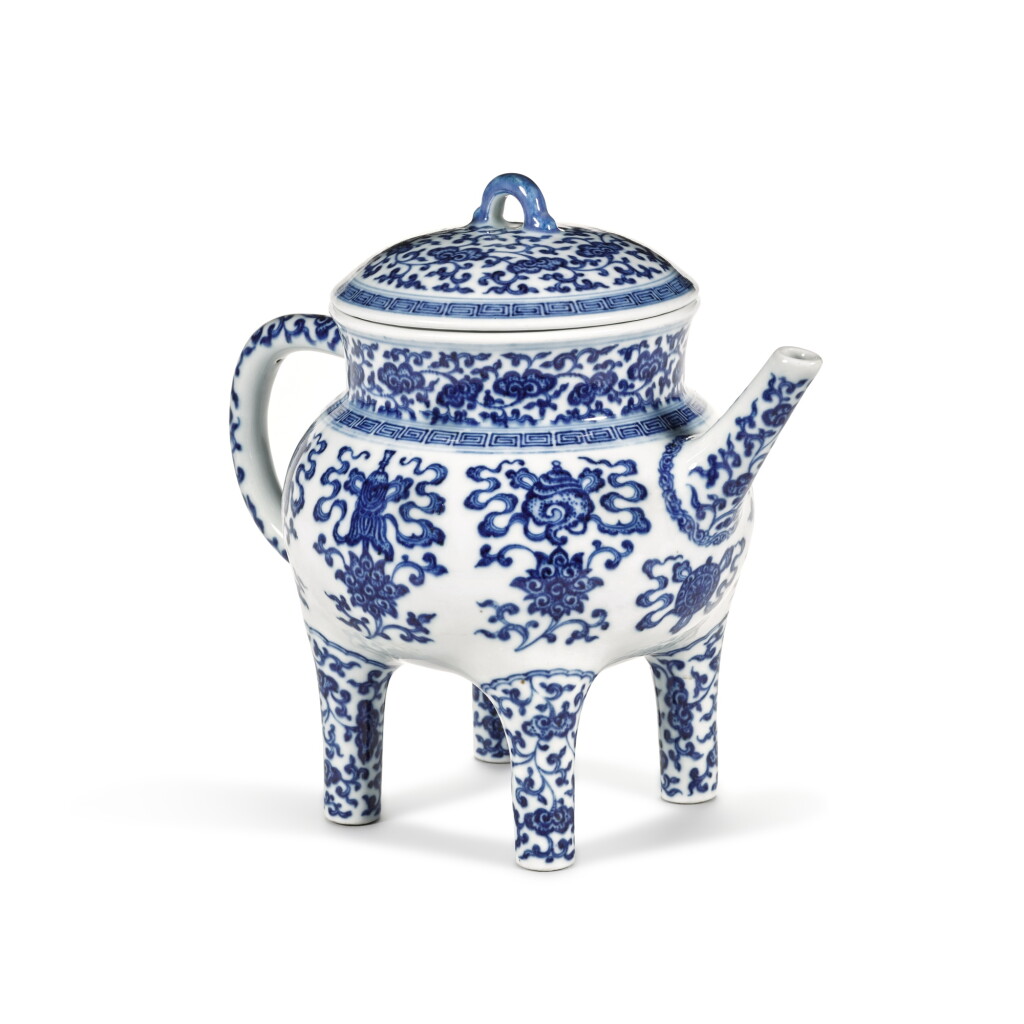 View full screen - View 1 of Lot 32. A fine and rare blue and white 'Eight Buddhist Emblems' ewer and cover (He), Seal mark and period of Qianlong.
