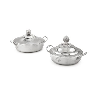 View full screen - View 1 of Lot 453. Two silver two-handled covered vegetable-dishes, one, the body, Paris, 1705-1706, the cover probably Charles-Louis-Auguste Spriment, Paris, 1787-1788, the other, the body Jacques-André Bonhomme, Paris, 1780-1781, the associated cover, France, circa 1880 | Deux légumiers couverts à deux anses en argent, l'un, le corps, Paris 1705-1706, le couvercle, probablement Charles-Louis-Auguste Spriment, Paris, 1787-1788, l'autre, le corps par Jacques-André Bonhomme, Paris, 1780-1781, le couvercle rapporté, vers 1880.