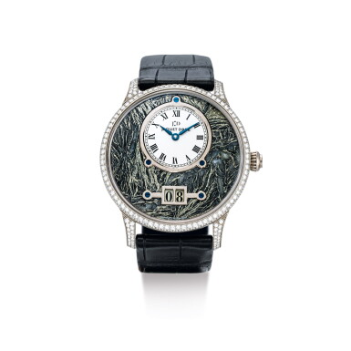 View full screen - View 1 of Lot 2156. JAQUET DROZ | A UNIQUE WHITE GOLD AND DIAMOND-SET WRISTWATCH WITH HARDSTONE DIAL, CIRCA 2010 | 雅克德羅 | 獨一無二白金鑲鑽石腕錶,機芯編號000521,錶殼編號1/1,約2010年製.