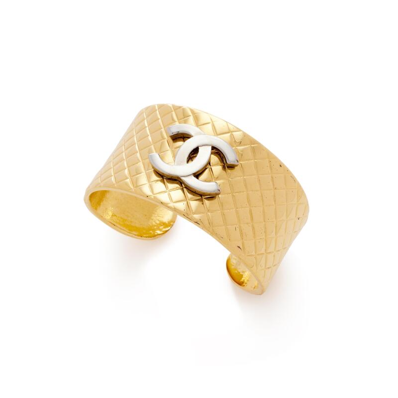 Chanel Vintage Gold And Silver Metal Quilted CC Cuff, 1998