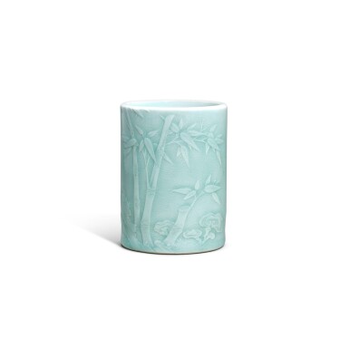 View full screen - View 1 of Lot 3445. A celadon-glazed 'bamboo' brushpot, Tang Ying mark 唐英款青釉竹枝詩文筆筒.