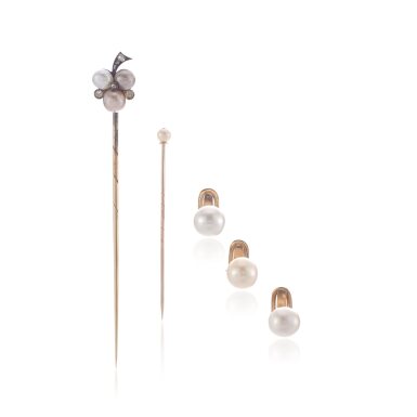 View full screen - View 1 of Lot 1006. Set of natural pearl dress studs, circa 1893 and two tie pins, late 19th century.