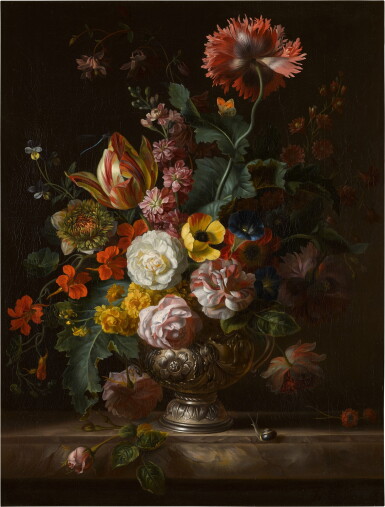 View full screen - View 1 of Lot 159. Still life with roses, tulips, marigolds, a poppy and other flowers in a silver vase on a marble ledge.