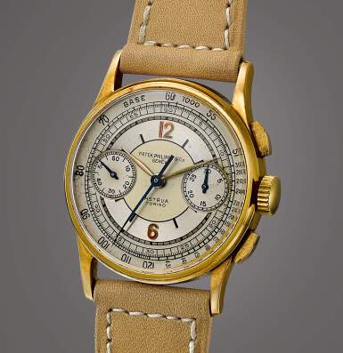 View full screen - View 1 of Lot 2030. Reference 130 | A yellow gold chronograph wristwatch with two tone sector dial, Retailed by Astrua, Torino, Made in 1937 | 百達翡麗 | 型號130 | 黃金計時腕錶,備雙色 sector 錶盤,由 Astrua, Torino 發行,1937年製.