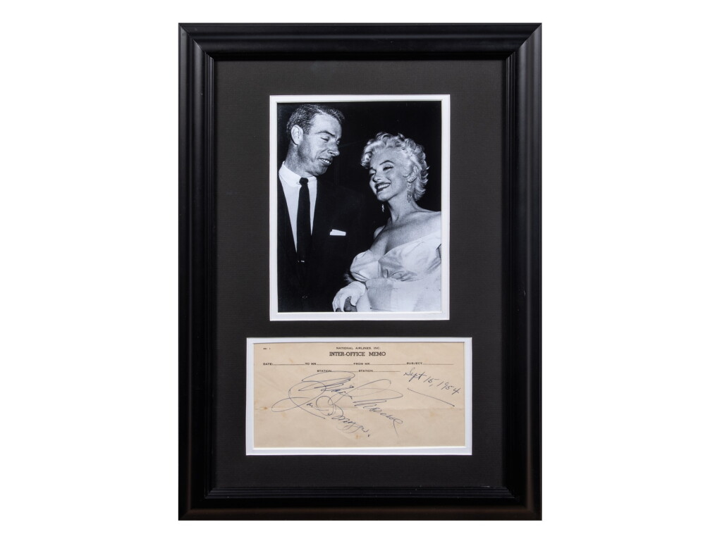 View full screen - View 1 of Lot 16. 1954 Marilyn Monroe & Joe DiMaggio Autograph Display With Photo - 12 x 18" Framed Display (PSA/DNA).