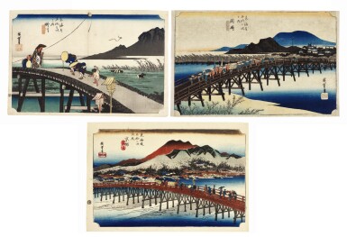 View full screen - View 1 of Lot 22. UTAGAWA HIROSHIGE I (1797–1858), THREE PRINTS: KAKEGAWA: VIEW OF AKIBA MOUNTAIN (KAKEGAWA, AKIBA-SAN ENBÔ), OKAZAKI: YAHAGI BRIDGE (OKAZAKI, YAHAGI NO HASHI) AND KYOTO: THE GREAT BRIDGE AT SANJÔ (KEISHI, SANJÔ ÔHASHI) | EDO PERIOD, 19TH CENTURY.