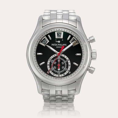 View full screen - View 1 of Lot 2192. Reference 5960 A stainless steel annual calendar flyback chronograph wristwatch with power reserve, day and night indication and bracelet, Circa 2019 | 百達翡麗 | 型號5960 | 精鋼年曆飛返計時鏈帶腕錶,備動力儲備及晝夜顯示,約2019年製.