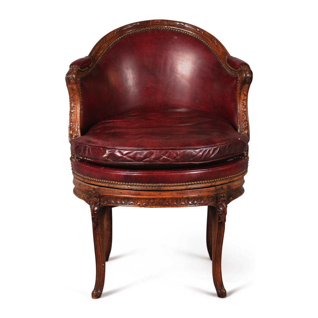View full screen - View 1 of Lot 541. A LOUIS XVI STYLE BEECHWOOD REVOLVING DESK CHAIR.