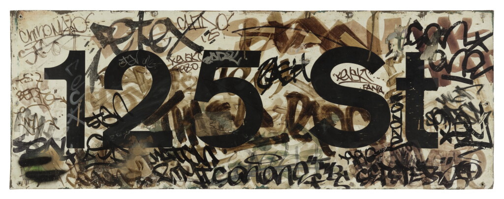 View full screen - View 1 of Lot 6. VINTAGE 125TH STREET MTA SUBWAY STATION PLATFORM SIGN W/GRAFFITI FROM LOCAL HARLEM WRITERS, 1980-85.