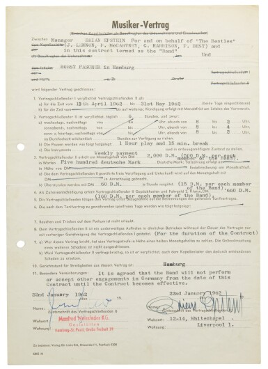 View full screen - View 1 of Lot 169. The Beatles, performance contract and work permits for The Star Club, Hamburg, April-May 1962.