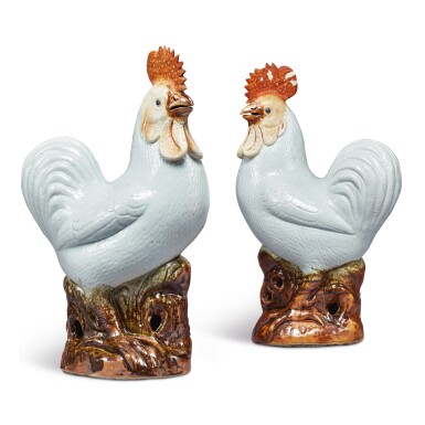 View full screen - View 1 of Lot 568. A PAIR OF CHINESE FIGURES OF ROOSTERS, QING DYNASTY, LATE 19TH CENTURY.
