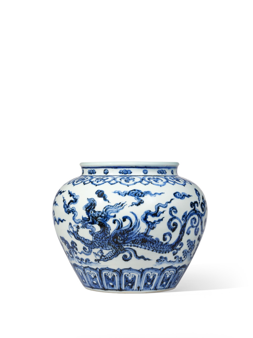 View full screen - View 1 of Lot 6016. An exceptional and possibly unique large blue and white ‘makara dragon' jar, Ming dynasty, Yongle period | 明永樂 青花夔龍紋罐.
