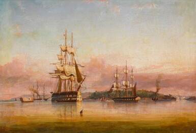 View full screen - View 1 of Lot 210. Two Naval Ships at Anchor in Plymouth Harbour.