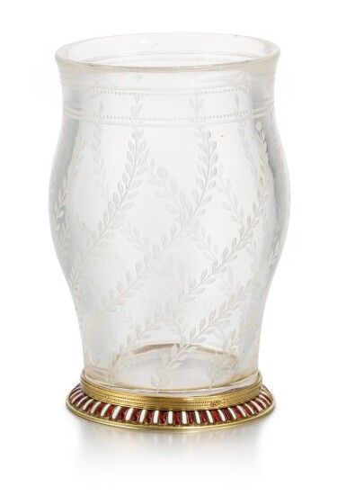 View full screen - View 1 of Lot 42. A Fabergé en plein enamel gold-mounted rock crystal vase, workmaster Michael Perchin, St Petersburg, 1899-1903.