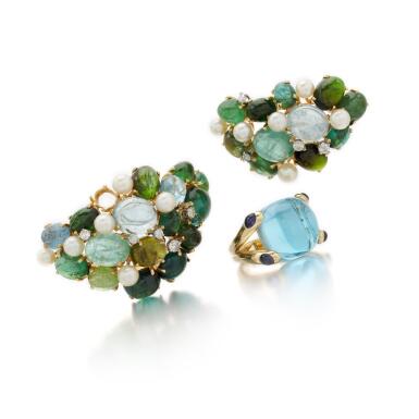 View full screen - View 1 of Lot 186. Verdura, topaz and amethyst ring and a pair of gem set brooches (Anello in topazio ed ametiste, Verdura ed un paio di spille gem set).