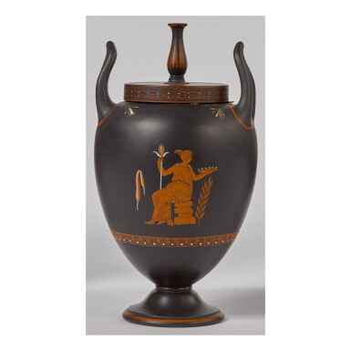 View full screen - View 1 of Lot 128. A WEDGWOOD BLACK BASALT 'ENCAUSTIC'-DECORATED 'LEBES GAMIKOS' VASE AND COVER CIRCA 1790 .