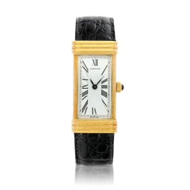 View full screen - View 1 of Lot 227. An unusual yellow gold rectangular shaped wristwatch, Circa 1950.