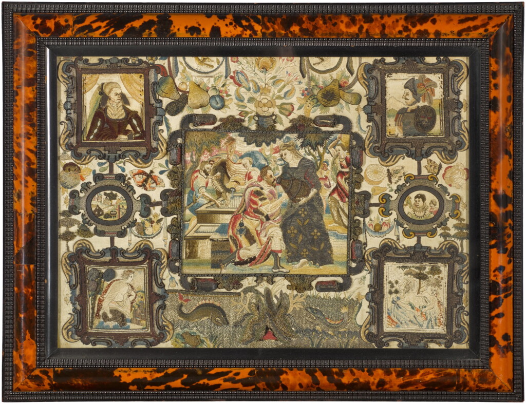 View full screen - View 1 of Lot 1. An English embroidered and metal-thread Old Testament pictorial and portrait panel, possibly late 16th century.