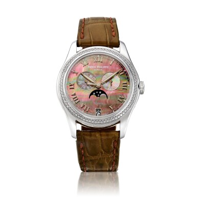 View full screen - View 1 of Lot 107. Reference 4936G, Retailed by Tiffany & Co.: A possibly unique white gold and diamond-set annual calendar wristwatch with moon phases and mother-of-pearl dial, Circa 2017 百達翡麗 白金及鑽石萬年曆腕錶備月相顯示,配珍珠母錶盤,約2017年製,可能為孤品.