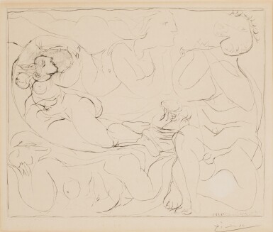View full screen - View 1 of Lot 183. PABLO PICASSO | FLÛTISTE ET TROIS FEMMES NUES (B. 144; BA. 258).