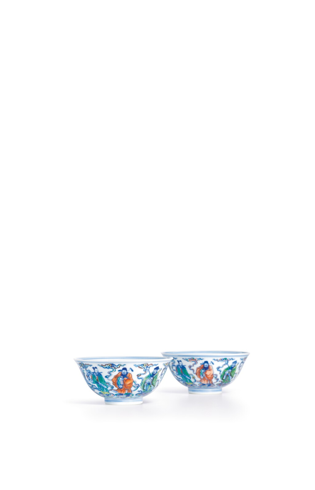 View full screen - View 1 of Lot 3602. A fine and superbly enamelled pair of doucai 'Eight Immortals' bowls, Marks and period of Yongzheng | 清雍正 鬪彩八仙過海盌一對 《大清雍正年製》款.