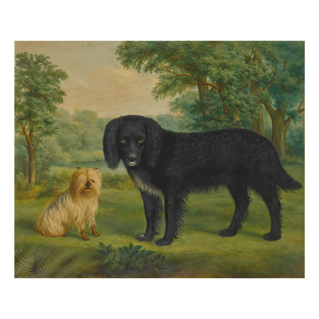 View full screen - View 1 of Lot 102. MANNER OF GEORGE STUBBS | A SPANIEL AND TOY TERRIER IN A LANDSCAPE.