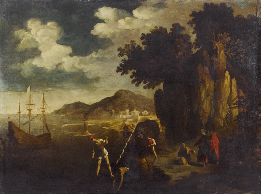 View full screen - View 1 of Lot 160. EMILIAN SCHOOL, 17TH CENTURY | A COASTAL LANDSCAPE WITH THE CALLING OF SAINT PETER.