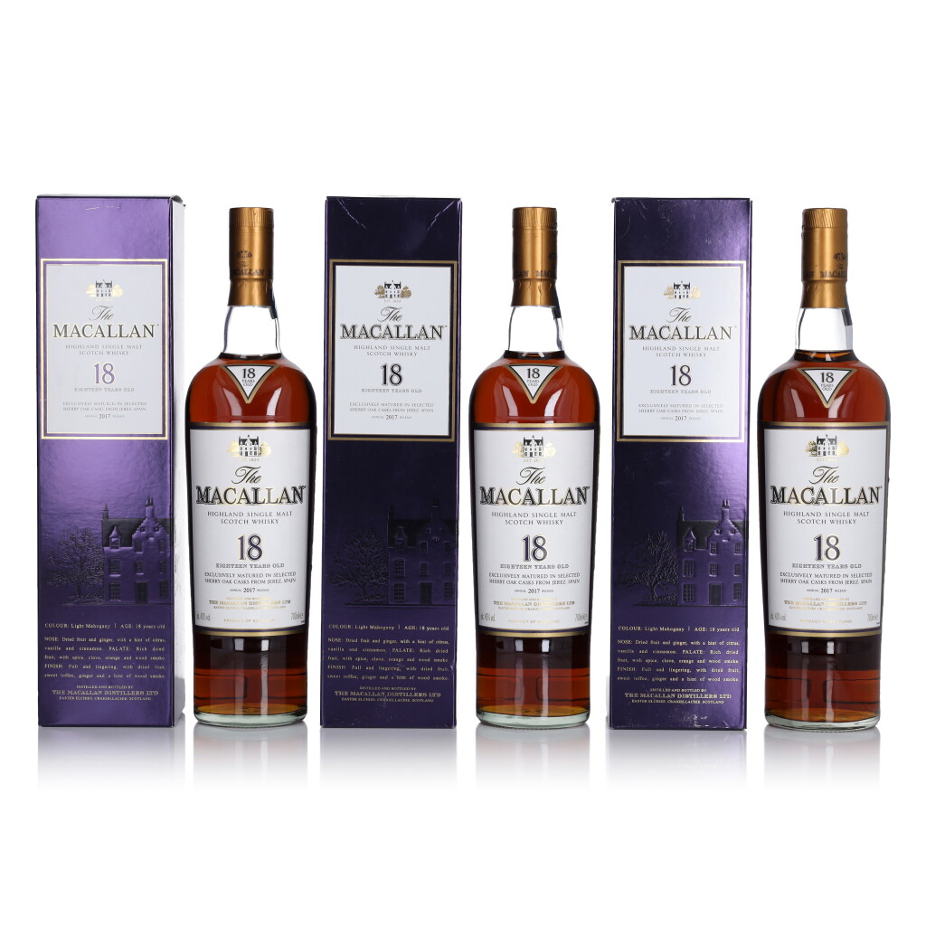 View full screen - View 1 of Lot 35. The Macallan 18 Year Old Sherry Oak 43.0 abv NV (3 Bottles 70cl).